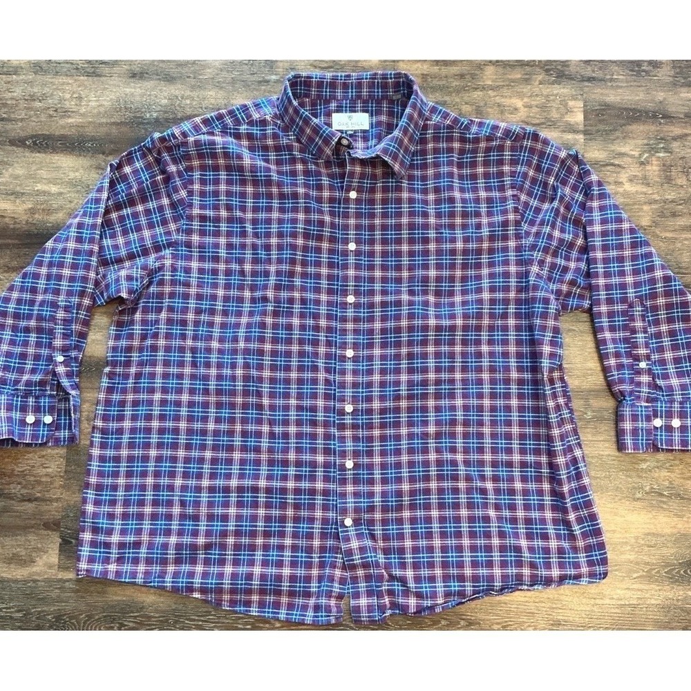 Oak Hill Mens 2XL Plaid Button Down Shirt Burgundy Blue Long Sleeve Big & Tall